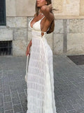White Ruched V-neck Strap Maxi Dress-Outfit