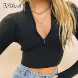 V Neck Zip Up Ribber Autumn 2020 Sexy Black Crop Top Long Sleeve Women Gray Basic Top Shirt Casual T Shirts