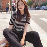 Striped Round Neck Knitted Top Women High Waist Lace-up Solid Color Wide-leg Pants Sweater Set Female Spring