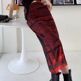 Punk Vintage High Waisted Mesh Skirt Womens 2021 Summer Red Ladies Long Midi Skirts Trend High Fashion
