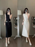 Elegant Sleeveless Round-Necked Pearl Knitted Long Dress Summer New High-End Simple