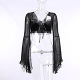 Gothic Sext Velvet Ruffle T Shirt Y2K Grunge Aesthetic Black Chiffon Flare Sleeve Lace Up Tops Punk Retro Harajuku Crop
