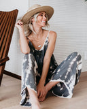 Women Summer Printed Jumpsuits Drawstring Design Pockets Decor Oblique Collar Sleeveless Mid Waist Slim Jumpsuits
