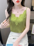 Korean Fashion Silk Women Camis Streetwear Satin Sexy Tops Lace Sleeveless White Female Tank Tops Blouse OL Woman