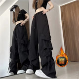 Zingj Ancient Ways Add Velvet Add Thick Cargo Pants Female Autumn Winter High Waist Wide Leg Design Feeling Loose Casual Straight Tube Trousers
