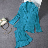 Women's Shirt Pleated Two Piece Set Loose High Waist Wide Leg Pants Suit 2022 Casual Elegant Office Ladies Female