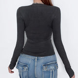 Lace Splice Crossover Long Sleeve Knit TeeOutfit