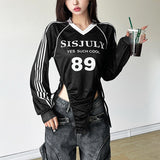 Zingj 2024 New Women's Unique Number Print Side Stripe Drawstring Design Top-Outfit