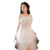 White Braed Evening Dress 2025 New High-End Famous People Light Luxury Birthday Dress Feather Niche
