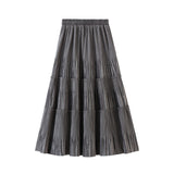 Vintage Long Velvet Pleated Women Elegant Ladies High Waist A-line Skirt Y2k High Fashion See Through Harajuku