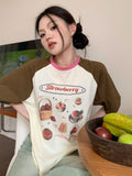 Summer Japanese Contrast Color Loose T-shirts Casual O Neck Cropped Tops Women Short Sleeve Y2k Aesthetic Kawaii Print