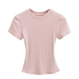 Zingj Trend Women's Wear Thread Slim Short-Sleeved T-Shirt Sexy Round Collar Solid Color Shoulder Show Thin Short Navel