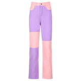 Patchwork Casual Blue Straight Long Jeans Pants Women Skinny Slim Elegant High Waist Denim Trousers Ladies