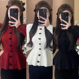 Zingj Spring And Autumn New Bow Three-Dimensional Decoration Red Knitting Cardigan Design Sense Sweet Season Sweater Female-Outfit