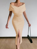 Women Off Shoulder Slim Evening Dress Solid Sexy Sleeveless Bodycon Bag Hip Dress Elegant Waist Summer Split Lady