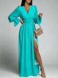 Sexy V Neck Long Sleeve Slit Maxi Dress Women Fashion Pleated A-Line Dress Elegant Solid Elastic Waist Chiffon Long