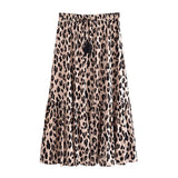 Queens Vintage Women Leopard Print Elastic Waist Beach Bohemian Skirt Ladies Rayon Cotton Maxi A-Line Pleated Boho
