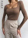 2021 Square Neck Green Long Sleeve T Shirts Women Knitted Autumn Winter Black Basic Ribber White Khaki Top Shirt Casual