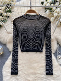 Women Beading Sheer Sexy Top O Neck Long Sleeves Transparent Slim Short T Shirt Streetwear Ins Shiny Sequins