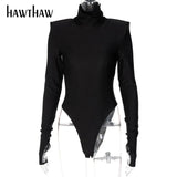 Women Autumn Winter Padded Shoulder Long Sleeve Body Black Turtleneck T Shirt Tops Sexy Bodysuit 2021 Fall