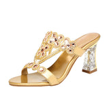New High-Heeled Sandals Are Sexy And Fashionable In Gold In Summer, Wearing Thick Heels And Diamond-Encrusted Slippers In Middle