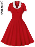 Summer Casual Flare Dress Retro Vintage Solid Red Patchwork Robe De Cocktail Party Office Robe Rockabilly Dresses
