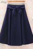 Women Preppy Style Summer Skirt Casual A-line Solid With Belt Mid-length Fashion Elegant Chic Girls Midi Skirts