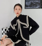 Vintage Black Designer Sweater Cardigan Women Big Collared Knit Cardign Coat High Fashion Autumn Winter