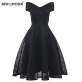 Women Lace Cocktail Party Dress Black Red Sexy Off Shoulder Summer V Neck A Line Special Occasion Swing Vintage Retro