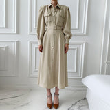Autumn Women New Fashion Female Puff Sleeve Vintage Solid Midi Shirt Dress Casual Single Breasted Waistband Chic