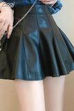 Spring Summer Short Black Soft Faux Leather Mini Puffy Skirt Women High Waist Zipper A Line Cute Kawaii Fashion