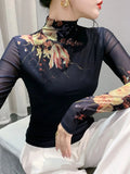 New Long Sleeve T-shirt For Women Floral Turtleneck High Stretch Slim TShirts Located Printing Mesh Tops