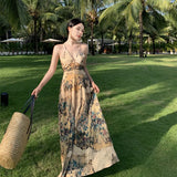 Zingj Retro Halter Dress Female V Collar Small Back Hollow Show Thin Holiday Fairy Skirt