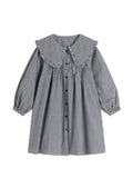 Spring New Women One Piece Dress Female Lantern Sleeve Peter Pan Collar Vintage Sweet Elegant High Waist A-line Mini