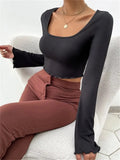 Women Chic T-Shirts Spring Summer Solid Color Flare Long Sleeve Square Neck Cropped Tops Office Party Casual Basic Pullover