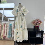 Congyuan Thousand Gold Tea Break Holiday Leisure V Collar Bubble Sleeve Print Bamboo Dress Temperament