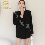 Runway Pearl Beading Shiny Blazer Coat Women Notched Single Button Loose Girls Black Outerwear Jacket Blazer Chic