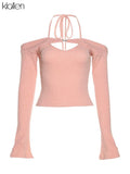 Fashion Elegant Women T-Shirts Solid Knit Slim Stretch Halter Flare Sleeve Two Piece Top Female Streetwear Sweet