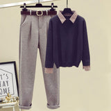 Zingj Suit Female Autumn Winter New Retro Niche Long Sleeve Fake Two Sweaters High Waist Warren Small Feet Woolen Pants-Outfit