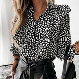 Leopard Dot Print Ruffle Blouse Shirt Spring Long Sleeve Women Shirts Elegant Office Lady V-Neck Button Loose Tops