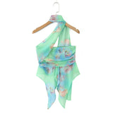 Green Tie-dye Print Chiffon Halter Tank Top And Mini Skirt Set-Outfit