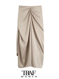 Women Fashion With Knotted Gathered Front Slit Midi Skirt Vintage High Waist Back Zipper Female Skirts