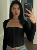 Top Women Long Sleeve Crop Top Square Neck T-Shirt Fairy Grunge Solid White Hook Eye Tops Sexy Brown Tee Shirt Y2K