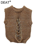 Fashion Women's Knitted Vest Round Neck Loose Sleeveless Tassel Chians Hollow Out Pullover Tops Autumn 2023 New