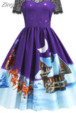 Christmas Costume Party Dress Short Sleeve Vintage Women Winter Xmas Sundress Robe