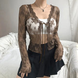 Women Sexy See Through Cardigans Y2K Long Sleeve Lace Mesh Lace Vintage Lace Up Crop Tops Streetwear