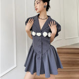 High Fashion Designer Puff Sleeve Blazer Dress Women Ruffle Flower Patch Tunics Mini Ball Gown Dress Korean