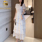Layer Ruffles Lace Maxi Dress Runway Summer Women White Floral Embroidery Long Dress Hollow Out Cake Party Dress 211-0-Outfit