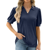Zingj / Summer 2024 New Lapel Solid Color Bubble Sleeve Short Sleeve Loose T-Shirt Women-Outfit
