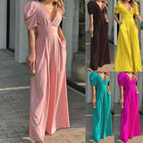 New Women Jumpsuit Puff Short Sleeve V Neck Backless Nipped Waist Loose Wide Legs Casual Pants Romper High